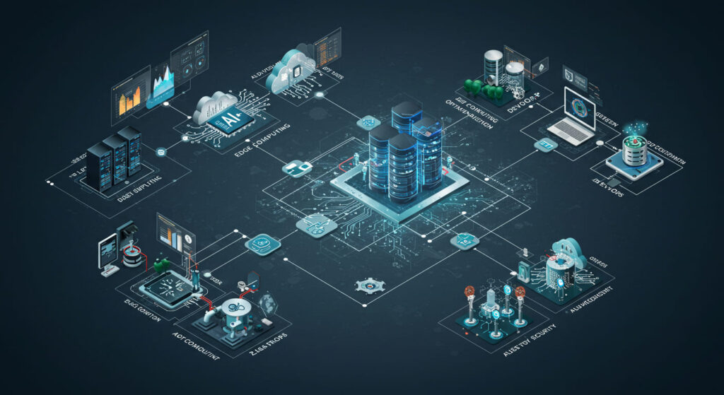 2025년 최신 IT 인프라 트렌드인 AI 인프라, 엣지 컴퓨팅, DevOps, 제로 트러스트, 그린 IT를 묘사한 이미지